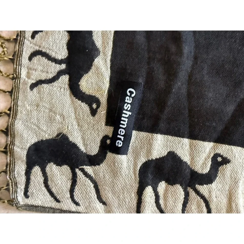 Woven Camel Tapestry Wall Hanging Desert Motif Fringe Textile Black Tan Cashmere